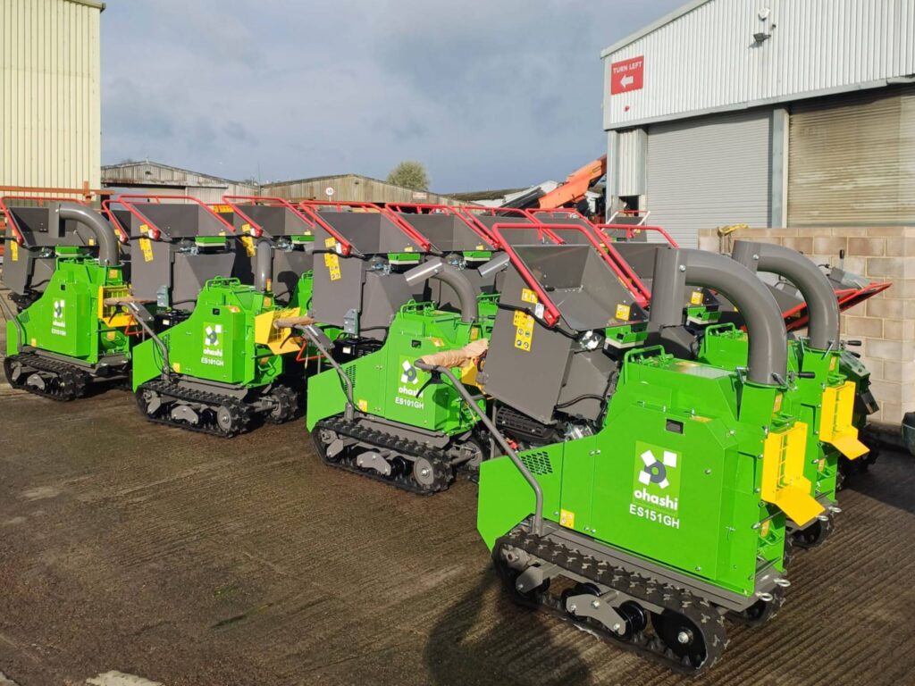 photo of a fleet of Ohashi ES151GH 6-inch compact tracked woodchippers in an industrial yard outside
