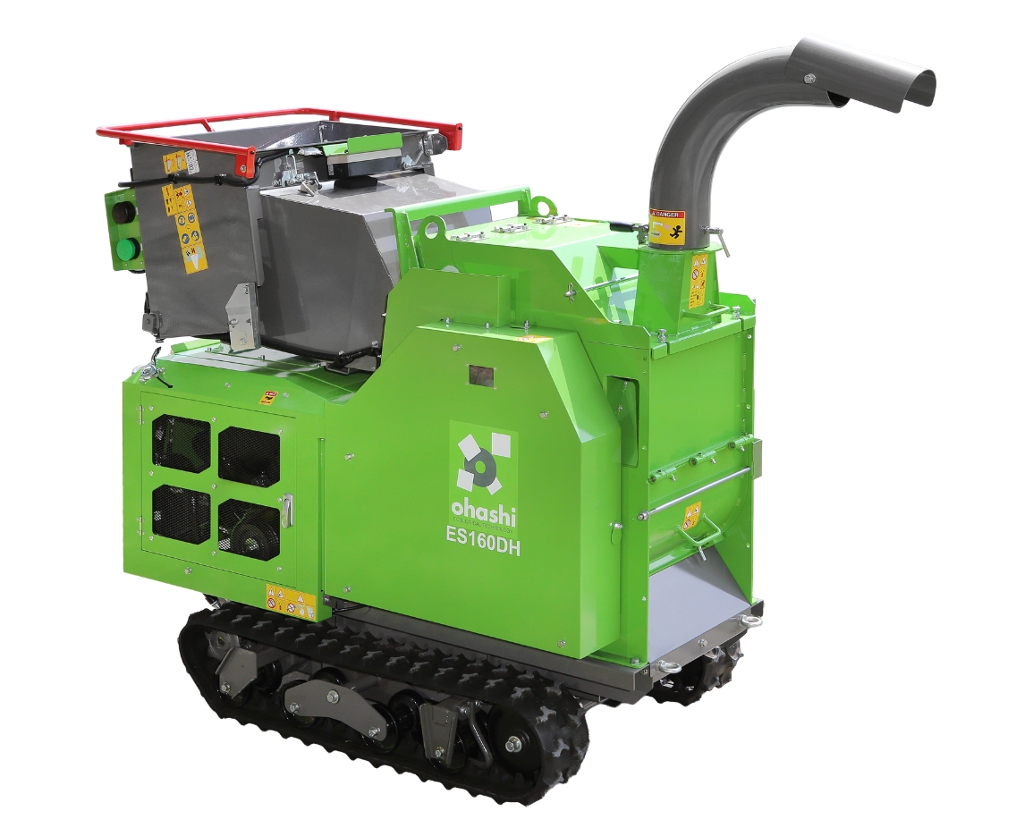 A studio photo of an ohashi ES160DH 6-inch plus diesel compact tracked chipper on a white background